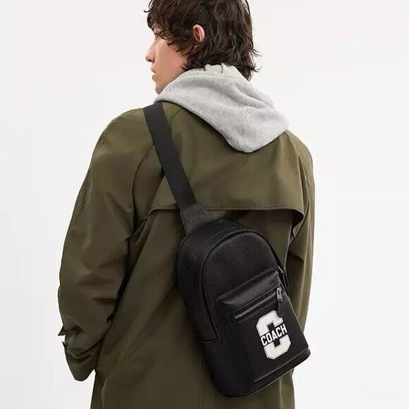 NWT COACH CAJ60 West Pack Varsity Motif Pebble Smooth Leather Black/Chalk - Picture 8 of 10